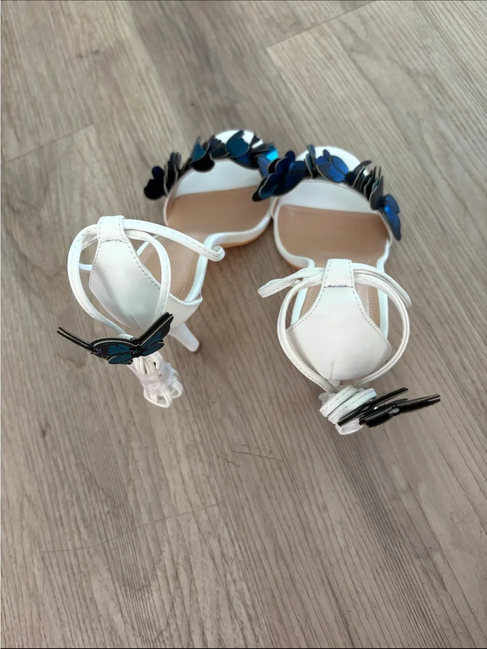 I adore White Ankle-Tie Heels with Blue and Black Butterfly Accents laceup